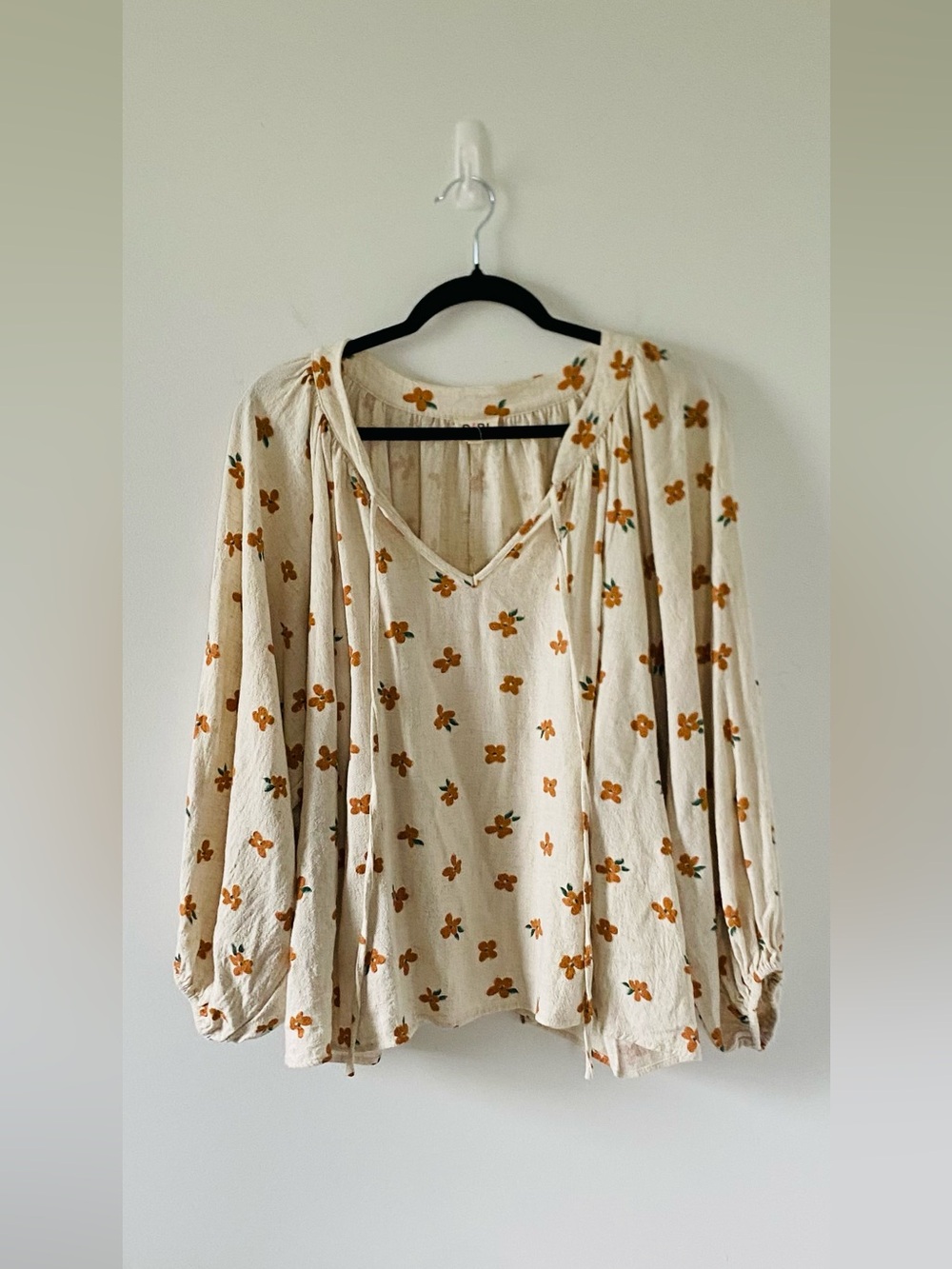 BiBi Boho Floral Peasant Blouse Oatmeal Granola Lagenlook Orange Ric Rac Trim L